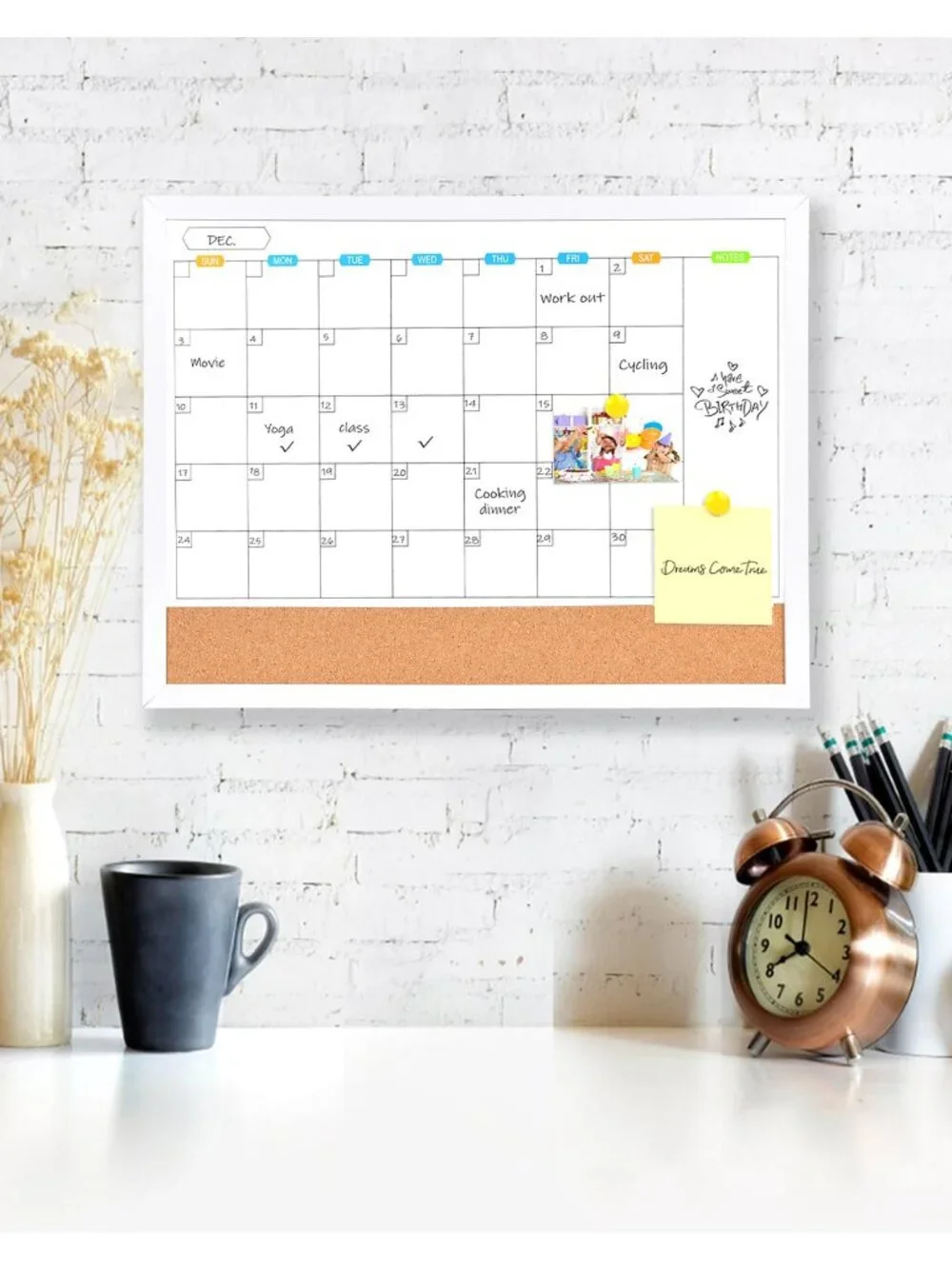 Monthly Whiteboard Calendar with Cork Board for Wall, 17